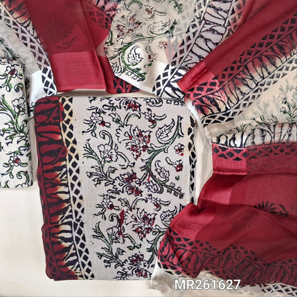 Beige & dark Maroon crepe georgette unstitched salwar material (lining needed) hand block printed allover, panel design, printed santoon bottom, hand block printed dual shaded brasso chiffon dupatta (TAPING NEEDED). MR261627