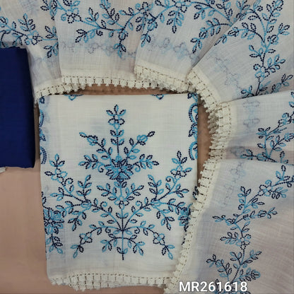 Off white base fancy kota silk cotton unstitched salwar material, embroidery work on front(thin, lining needed)Dark blue silk cotton or silky bottom, embroidery work on full length kota silk cotton dupatta with lace tapping. MR261618