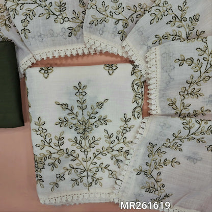 Off white base fancy kota silk cotton unstitched salwar material, embroidery work on front(thin, lining needed)Dark green silk cotton or silky bottom, embroidery work on full length kota silk cotton dupatta with lace tapping. MR261619