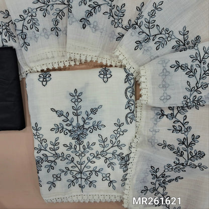 Off white base fancy kota silk cotton unstitched salwar material, embroidery work on front(thin, lining needed)black silk cotton or silky bottom, embroidery work on full length kota silk cotton dupatta with lace tapping. MR261621
