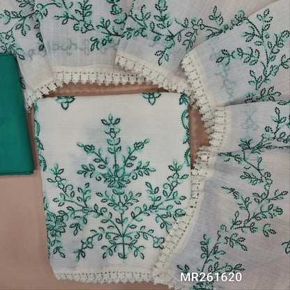 Off white base fancy kota silk cotton unstitched salwar material, embroidery work on front(thin, lining needed)turquoise blue silk cotton or silky bottom, embroidery work on full length kota silk cotton dupatta with lace tapping. MR261620