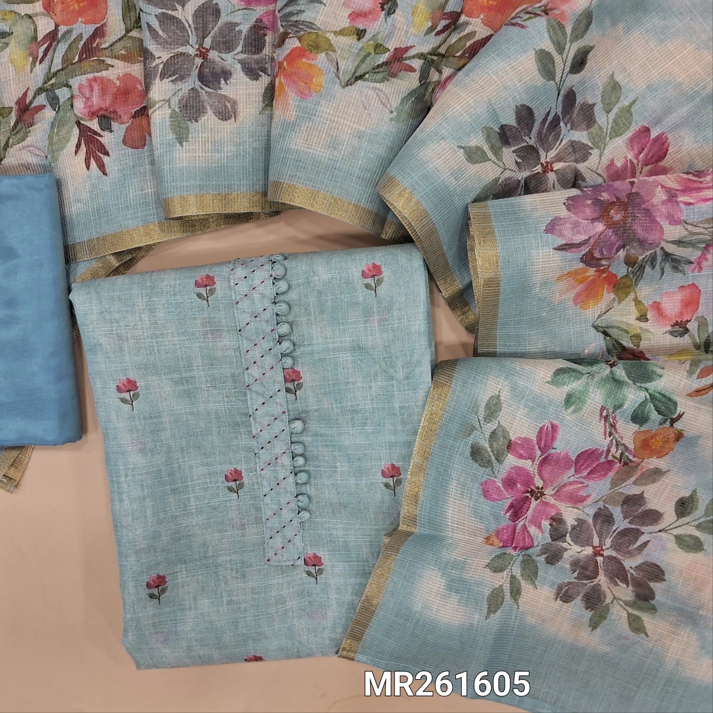 Powder blue tissue silk cotton unstitched salwar material,potli buttons on yoke, floral printed all over, (lining needed)matching silky bottom,digital printed tissue silk cotton dupatta with tissue borders. MR261605