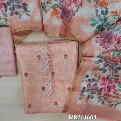 Pastel peach tissue silk cotton unstitched salwar material,potli buttons on yoke, floral printed all over, (lining needed)matching silky bottom,digital printed tissue silk cotton dupatta with tissue borders. MR261604