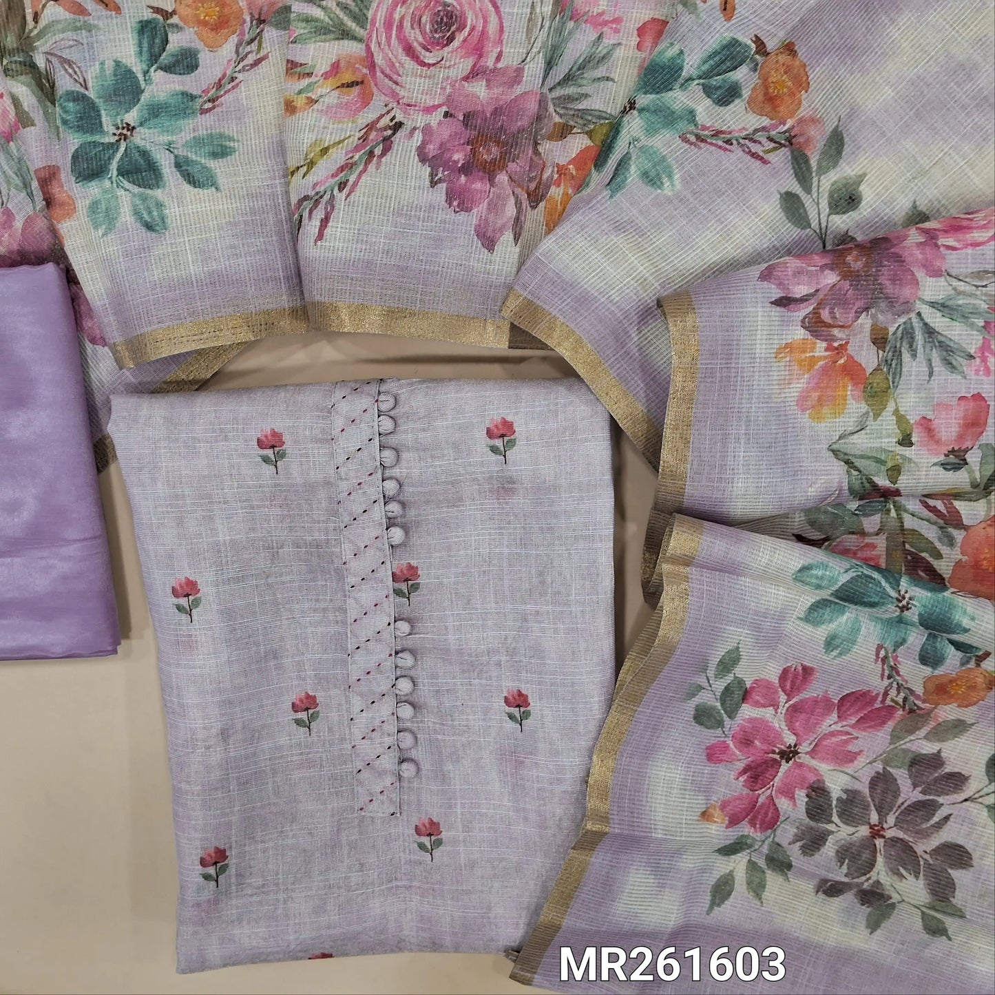 Lavender tissue silk cotton unstitched salwar material,potli buttons on yoke, floral printed all over, (lining needed)matching silky bottom,digital printed tissue silk cotton dupatta with tissue borders. MR261603