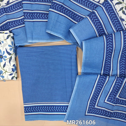 Blue cambric cotton unstitched salwar material,vertical stripes all over,(lining optional)floral printed cambric cotton bottom, floral printed full length cambric cotton dupatta with pallu and printed borders. MR261606