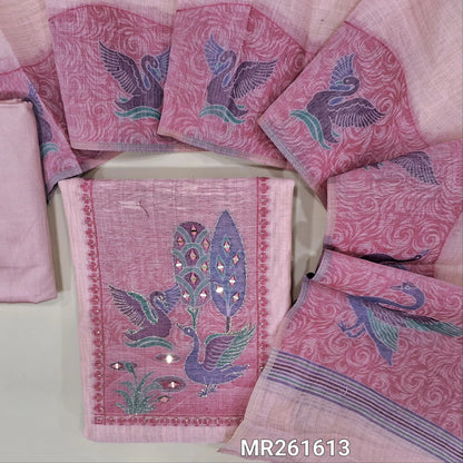 Pastel pink jamdani woven silk cotton unstitched salwar material(thin, lining needed) thread weaving buttas on front, real mirror work on yoke, matching silk cotton bottom, jamdani woven fancy silk cotton dupatta. MR261613