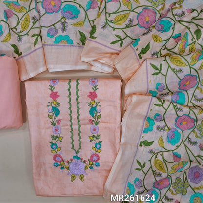 Peachish pink satin cotton unstitched salwar material (lining optional) embroidery work on yoke, printed all over, embroidery work on daman,matching spun cotton bottom,colourful floral printed full length pure cotton dupatta. MR261624