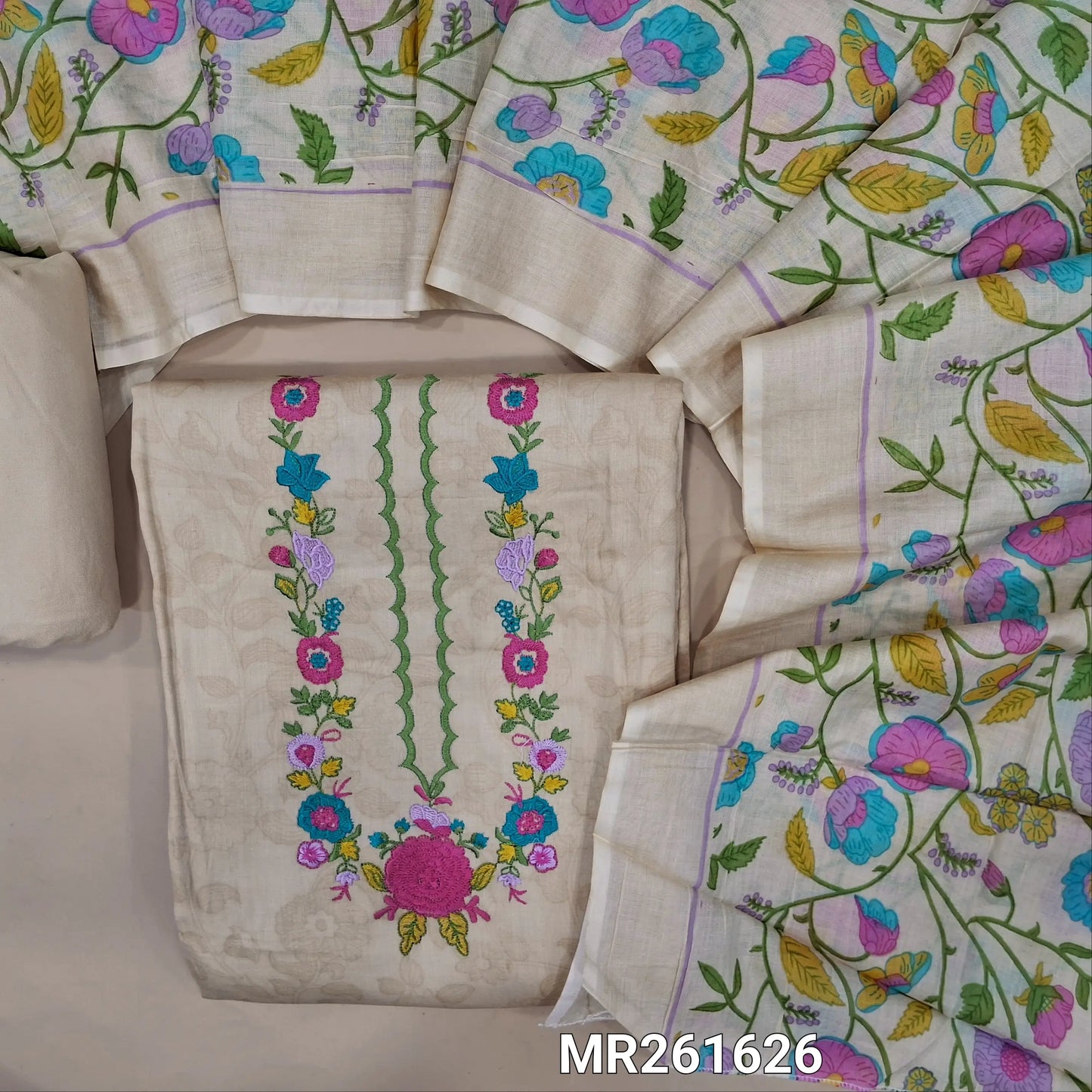 Beige satin cotton unstitched salwar material (lining optional) embroidery work on yoke, printed all over, embroidery work on daman,matching spun cotton bottom,colourful floral printed full length pure cotton dupatta. MR261626