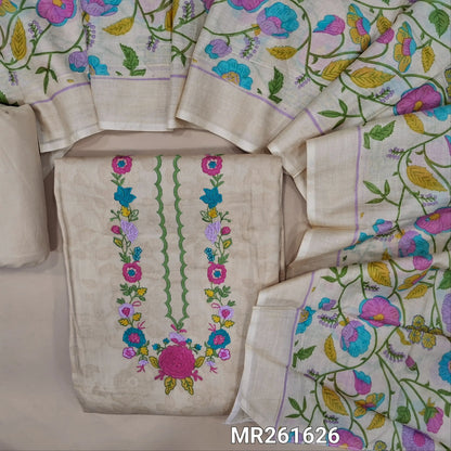 Beige satin cotton unstitched salwar material (lining optional) embroidery work on yoke, printed all over, embroidery work on daman,matching spun cotton bottom,colourful floral printed full length pure cotton dupatta. MR261626