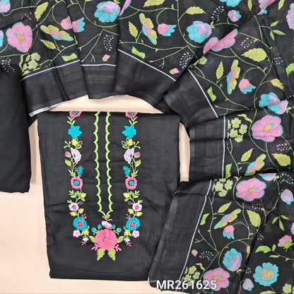 Black satin cotton unstitched salwar material (lining optional) embroidery work on yoke, printed all over, embroidery work on daman,matching spun cotton bottom,colourful floral printed full length pure cotton dupatta. MR261625