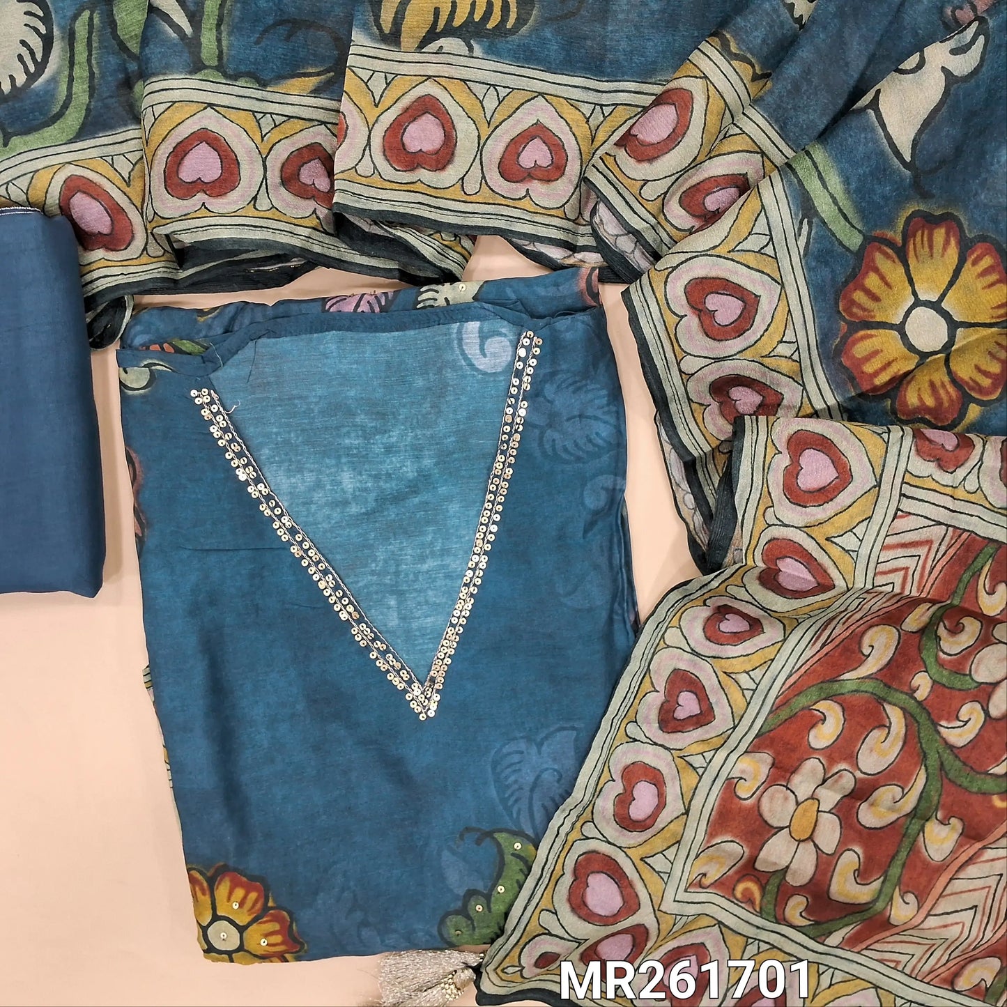 Dark denim blue pure muslin silk unstitched salwar material,v neck, kalamkari printed with sequins work on front, printed daman(lining needed) santoon bottom,kalamkari printed short width pure chinon silk dupatta. MR261701