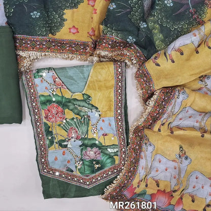 Dark leafy green pure muslin silk unstitched salwar material,pichwai printed yoke with zarodsi, sequins and zaari work, printed all over, (lining needed) santoon bottom, crinkled printed short width pure chinon silk dupatta with fancy tapping. MR261801