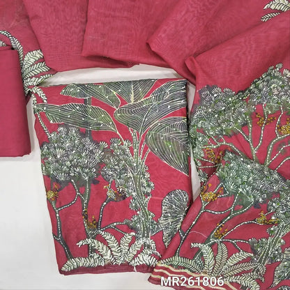 Designer dark pink digital printed silk cotton unstitched salwar material, v neck with french knot work, kantha stitch work on daman(lining needed)santoon bottom,digital printed with hand embroidery work on  silk cotton dupatta. MR261806