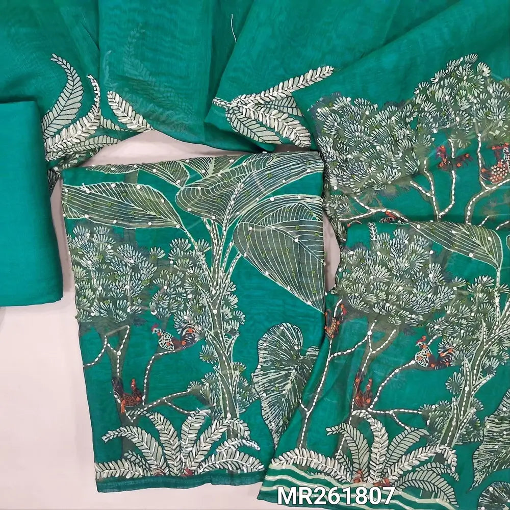 DesignerTeal green digital printed silk cotton unstitched salwar material, v neck with french knot work, kantha stitch work on daman(lining needed)santoon bottom,digital printed with hand embroidery work on  silk cotton dupatta. MR261807