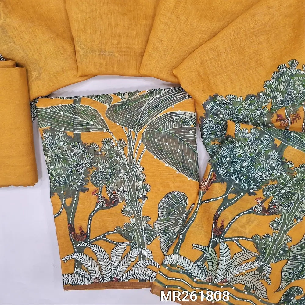 Designer Mehandhi yellow digital printed silk cotton unstitched salwar material, v neck with french knot work, kantha stitch work on daman(lining needed)santoon bottom,digital printed with hand embroidery work on  silk cotton dupatta. MR261808