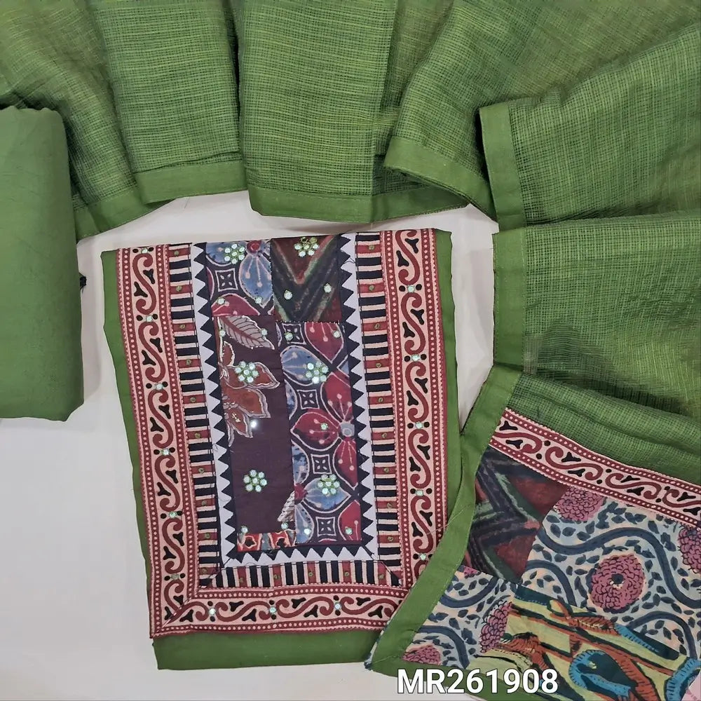 Green shade pure satin cotton unstitched salwar material, hand block printed yoke with faux mirror and french knot work (YOKE MIGHT VARY)(lining optional)matching spun cotton bottom, kota dupatta with patch work and ajrak border on pallu. MR261908