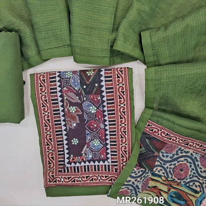 Green shade pure satin cotton unstitched salwar material, hand block printed yoke with faux mirror and french knot work (YOKE MIGHT VARY)(lining optional)matching spun cotton bottom, kota dupatta with patch work and ajrak border on pallu. MR261908