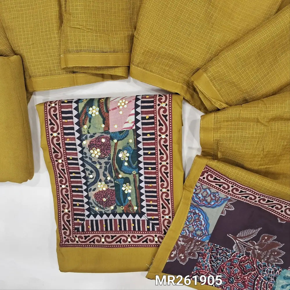 Mehandhi yellow pure satin cotton unstitched salwar material, hand block printed yoke with faux mirror and french knot work (YOKE MIGHT VARY)(lining optional)matching spun cotton bottom, kota dupatta with patch work and ajrak border on pallu. MR261905