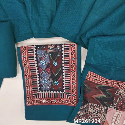 Dark teal blue pure satin cotton unstitched salwar material, hand block printed yoke with faux mirror and french knot work (YOKE MIGHT VARY)(lining optional)matching spun cotton bottom, kota dupatta with patch work and ajrak border on pallu. MR261904
