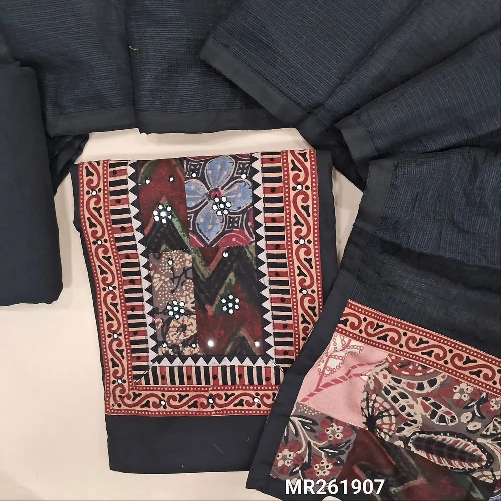 Black pure satin cotton unstitched salwar material, hand block printed yoke with faux mirror and french knot work (YOKE MIGHT VARY)(lining optional)matching spun cotton bottom, kota dupatta with patch work and ajrak border on pallu. MR261907