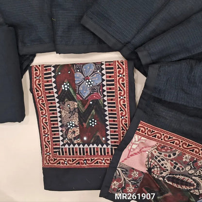 Black pure satin cotton unstitched salwar material, hand block printed yoke with faux mirror and french knot work (YOKE MIGHT VARY)(lining optional)matching spun cotton bottom, kota dupatta with patch work and ajrak border on pallu. MR261907