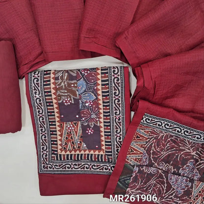 Dark maroon pure satin cotton unstitched salwar material, hand block printed yoke with faux mirror and french knot work (YOKE MIGHT VARY)(lining optional)matching spun cotton bottom, kota dupatta with patch work and ajrak border on pallu. MR261906