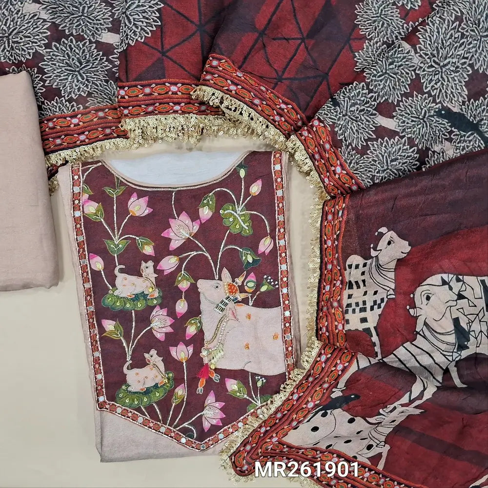 Light chocolate brown pure muslin silk unstitched salwar material,pichwai printed yoke with sugar bead, zarodsi,and printed all over, (lining needed) santoon bottom, crinkled printed short width pure chinon silk dupatta with fancy tapping. MR261901