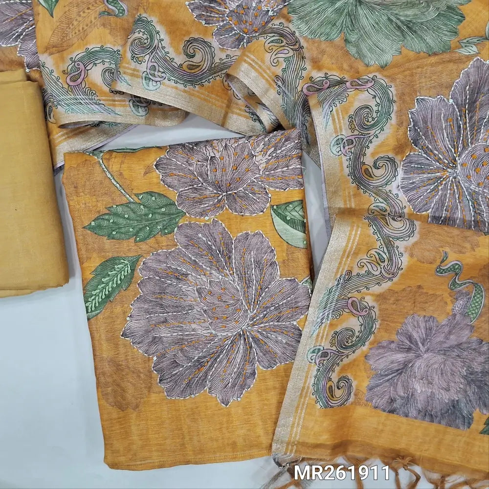 Dark fenugreek yellow premium digital printed silk cotton unstitched salwar material, kantha stitch and french knot work on front (textured,lining needed)matching santoon bottom, hand embroidery and digital printed on silk cotton dupatta. MR261911