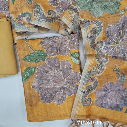 Dark fenugreek yellow premium digital printed silk cotton unstitched salwar material, kantha stitch and french knot work on front (textured,lining needed)matching santoon bottom, hand embroidery and digital printed on silk cotton dupatta. MR261911