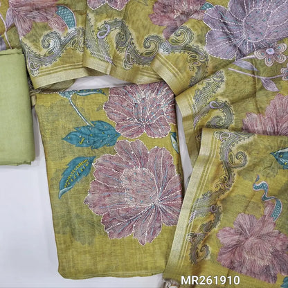 Mehandhi green premium digital printed silk cotton unstitched salwar material, kantha stitch and french knot work on front (textured,lining needed)matching santoon bottom, hand embroidery and digital printed on silk cotton dupatta. MR261910