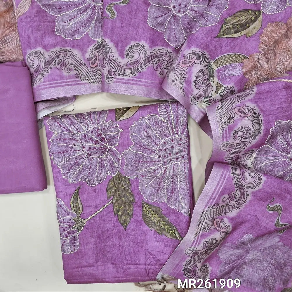 Light purple premium digital printed silk cotton unstitched salwar material, kantha stitch and french knot work on front (textured,lining needed)matching santoon bottom, hand embroidery and digital printed on silk cotton dupatta. MR261909