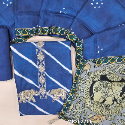 Royal blue lehariya printed pure dola silk unstitched salwar material,zarodsi ,cut bead and sugar bead on yoke(Silky, Lining Needed)santoon bottom, digital printed and  bandhini printed pure dola silk dupatta with kalamkari printed pallu. MR262211