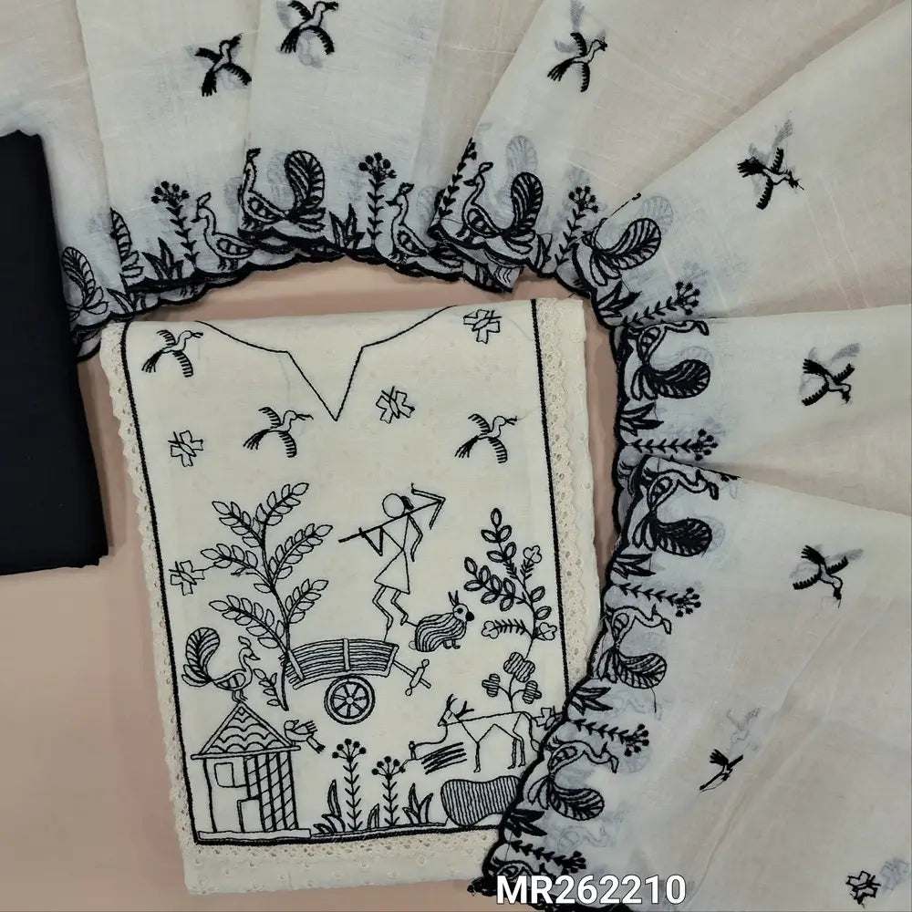Premium half White pure cotton unstitched salwar material, warli embroidery on yoke, schiffli work on front, (lining needed)black cotton bottom, embroidery work on mul cotton dupatta with lace tapping. MR262210