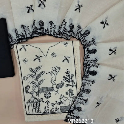 Premium half White pure cotton unstitched salwar material, warli embroidery on yoke, schiffli work on front, (lining needed)black cotton bottom, embroidery work on mul cotton dupatta with lace tapping. MR262210