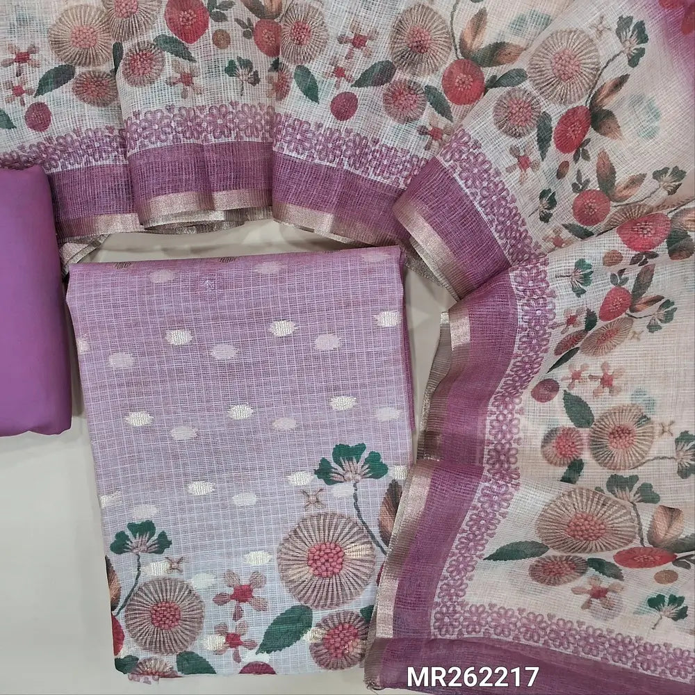 Dual shaded mauve chanderi kota unstitched salwar material,zari buttas allover, digital printed daman (thin, lining needed)matching spun cotton bottom, digital printed chanderi kota dupatta. MR262217