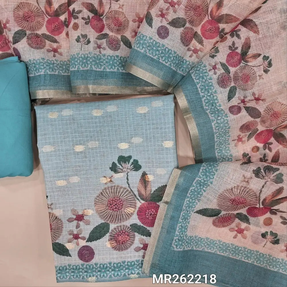 Dual shaded blue chanderi kota unstitched salwar material,zari buttas allover, digital printed daman (thin, lining needed)matching spun cotton bottom, digital printed chanderi kota dupatta. MR262218