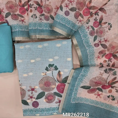 Dual shaded blue chanderi kota unstitched salwar material,zari buttas allover, digital printed daman (thin, lining needed)matching spun cotton bottom, digital printed chanderi kota dupatta. MR262218