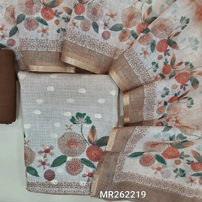 Dual shaded brown chanderi kota unstitched salwar material,zari buttas allover, digital printed daman (thin, lining needed)matching spun cotton bottom, digital printed chanderi kota dupatta. MR262219