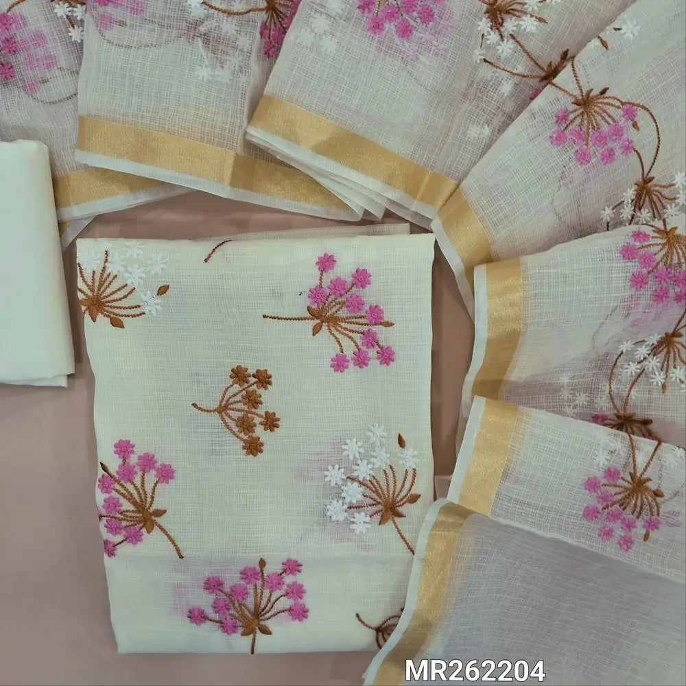 Off white premium kota unstitched salwar material,rich embroidery work on front (Lining Needed)matching cotton bottom,rich embroidery work on full length kota dupatta. MR262204