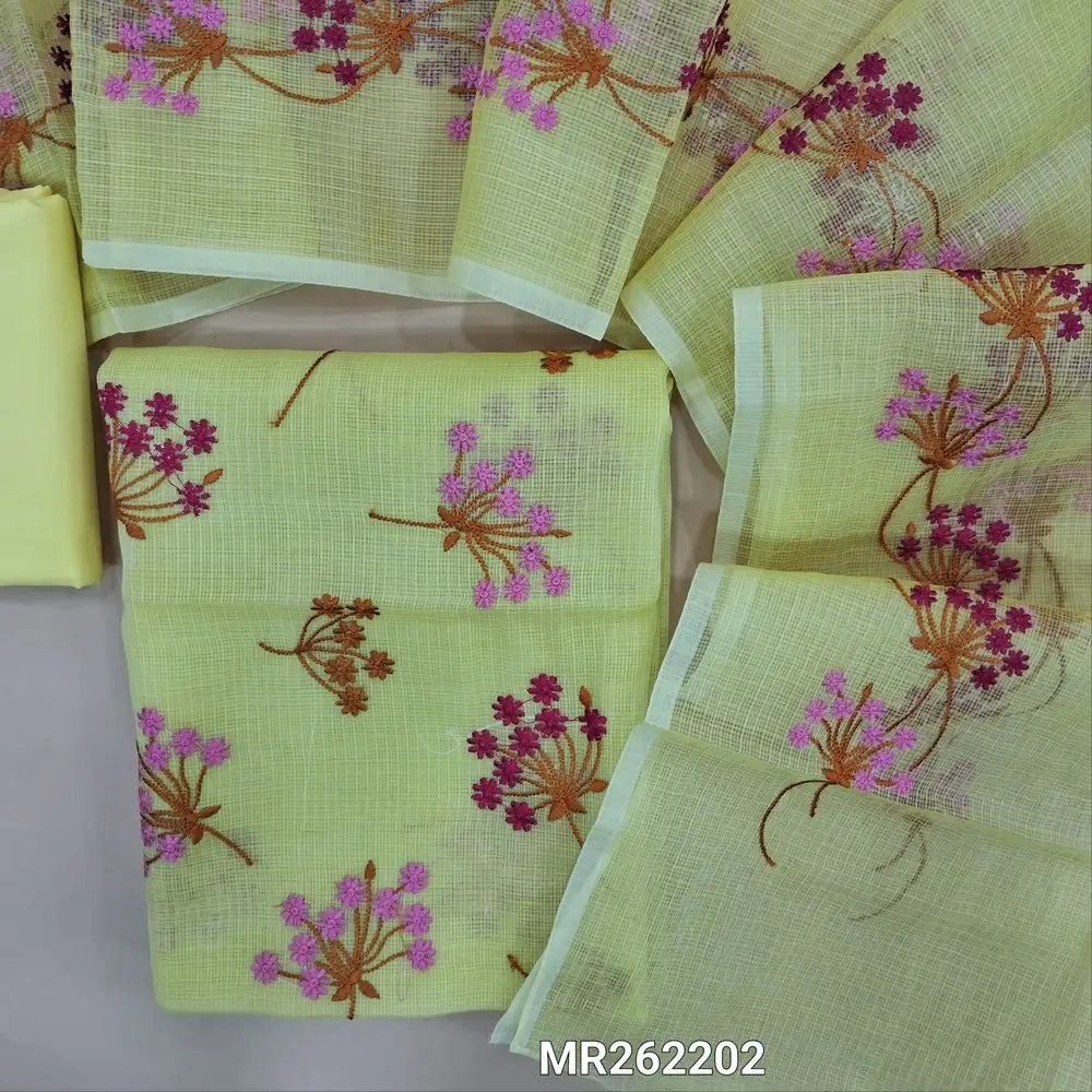 Pastel green premium kota unstitched salwar material,rich embroidery work on front (Lining Needed)matching cotton bottom,rich embroidery work on full length kota dupatta. MR262202