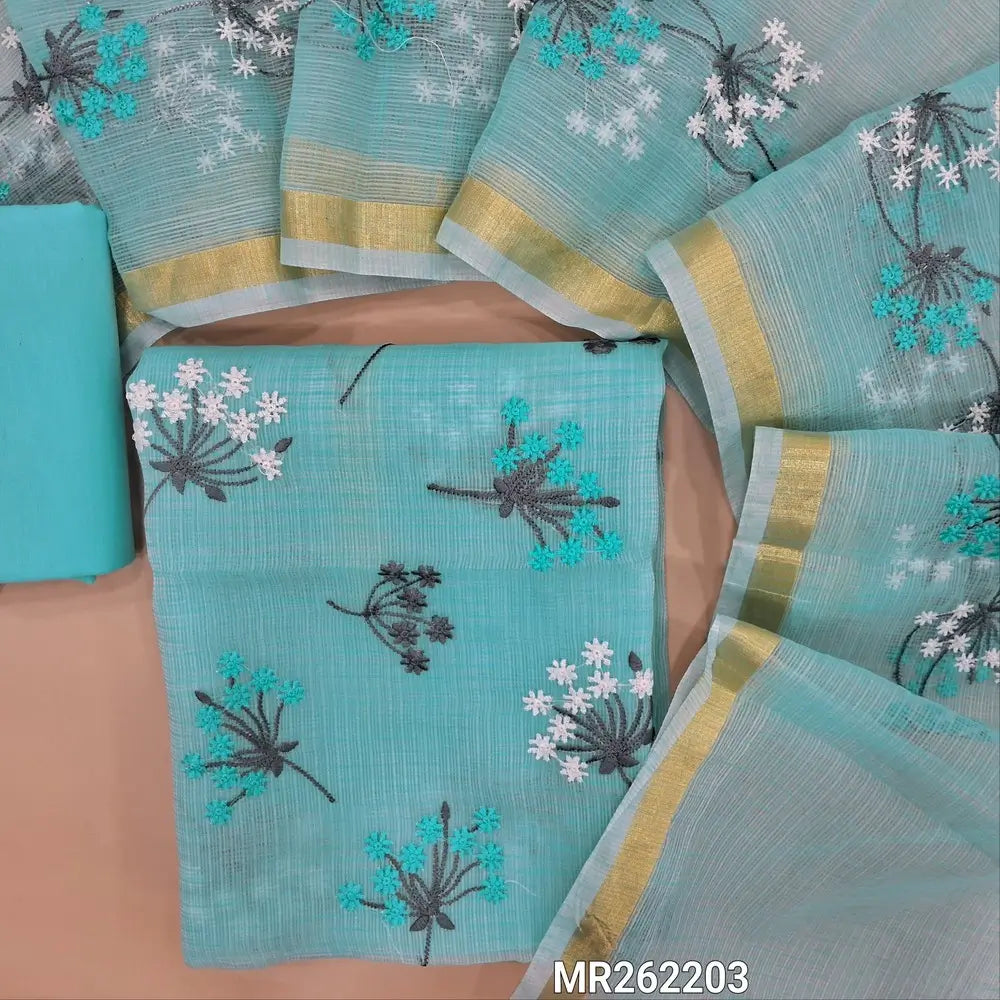 PREORDER SHIPPING IN 10 DAYS Sky blue premium kota unstitched salwar material,rich embroidery work on front (Lining Needed)matching cotton bottom,rich embroidery work on full length kota dupatta. MR262203