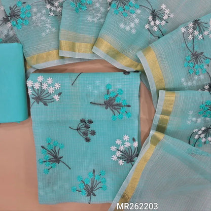 PREORDER SHIPPING IN 10 DAYS Sky blue premium kota unstitched salwar material,rich embroidery work on front (Lining Needed)matching cotton bottom,rich embroidery work on full length kota dupatta. MR262203