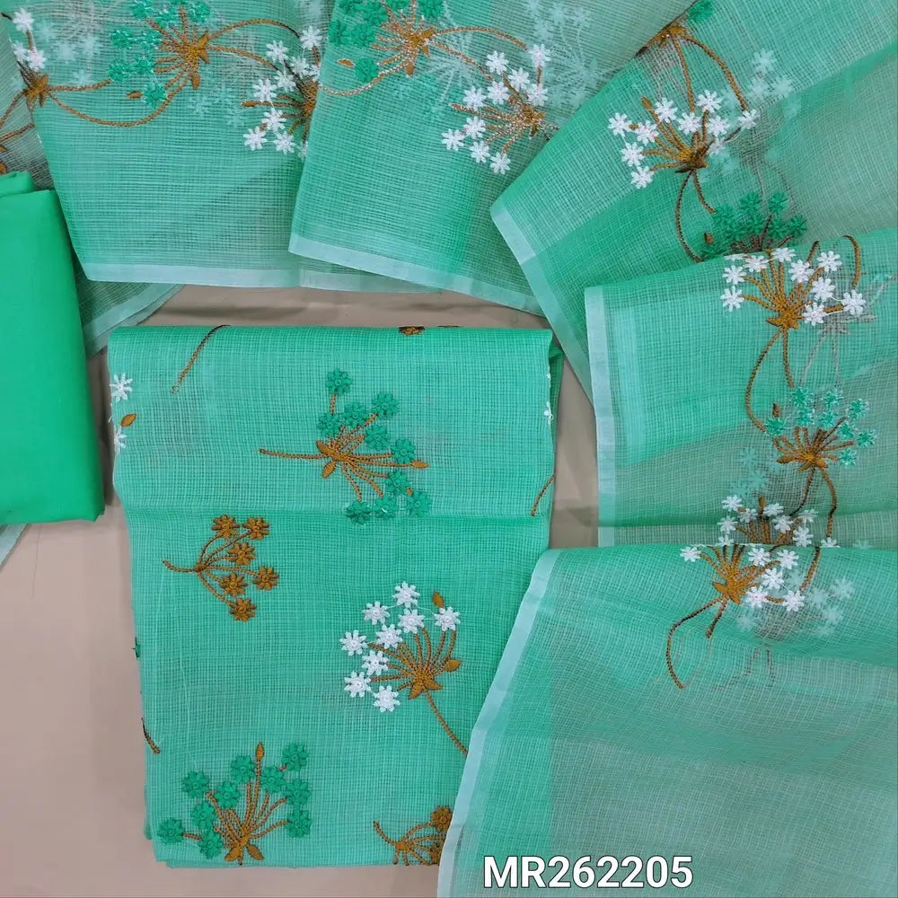 Sea green premium kota unstitched salwar material,rich embroidery work on front (Lining Needed)matching cotton bottom,rich embroidery work on full length kota dupatta. MR262205