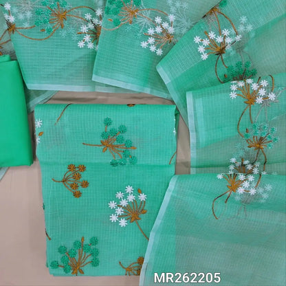 Sea green premium kota unstitched salwar material,rich embroidery work on front (Lining Needed)matching cotton bottom,rich embroidery work on full length kota dupatta. MR262205