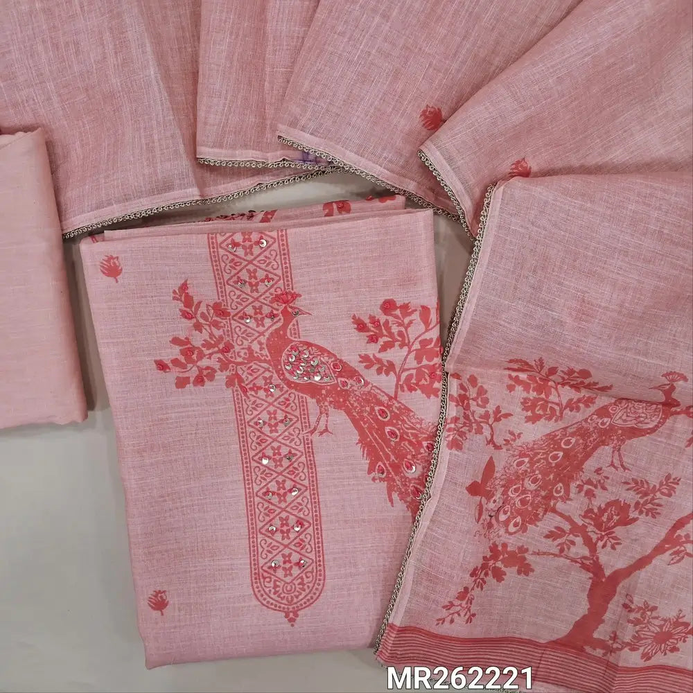 Pastel peachish pink premium semi linen unstitched salwar material, printed design with sequins work on yoke and daman(lining needed)matching cotton bottom,semi linen dupatta with peacock printed pallu and lace tapping. MR262220