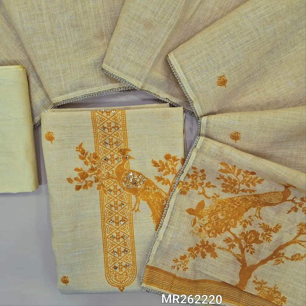 Pastel yellow premium semi linen unstitched salwar material, printed design with sequins work on yoke and daman(lining needed)matching cotton bottom,semi linen dupatta with peacock printed pallu and lace tapping. MR262221