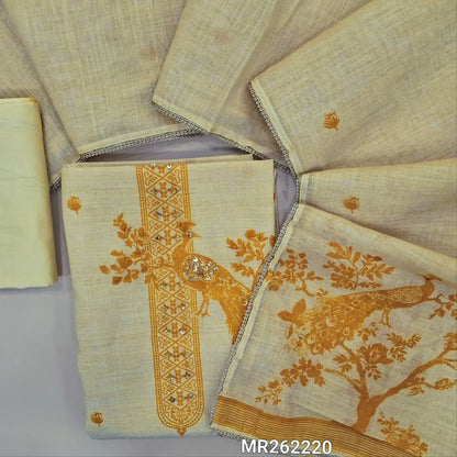 Pastel yellow premium semi linen unstitched salwar material, printed design with sequins work on yoke and daman(lining needed)matching cotton bottom,semi linen dupatta with peacock printed pallu and lace tapping. MR262221