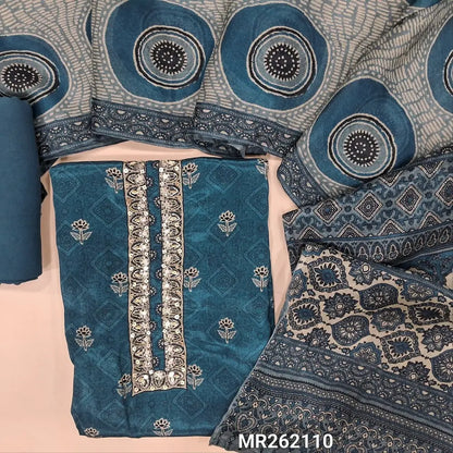 Designer dark teal blue printed crepe silk unstitched salwar material (soft, shiny, lining needed) zardozi and sequins work on yoke, printed on daman, matching spun cotton bottom,crinkled digital printed short width pure chinon silk dupatta. MR262110