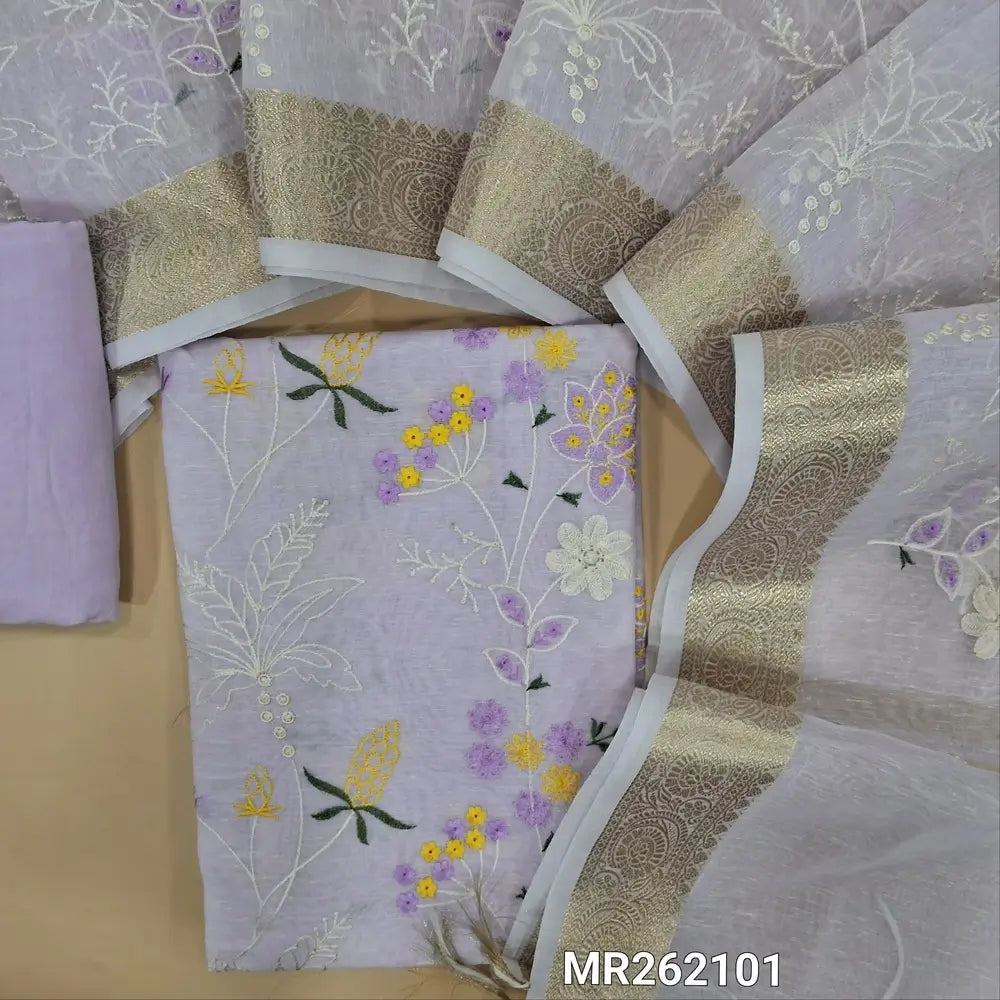 Lavender slub silk cotton unstitched salwar material, rich embroidery work on front ( lining needed) matching santoon bottom, embroidery work on slub silk cotton dupatta with benarasi zari woven borders.MR262101