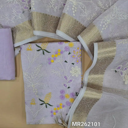 Lavender slub silk cotton unstitched salwar material, rich embroidery work on front ( lining needed) matching santoon bottom, embroidery work on slub silk cotton dupatta with benarasi zari woven borders.MR262101